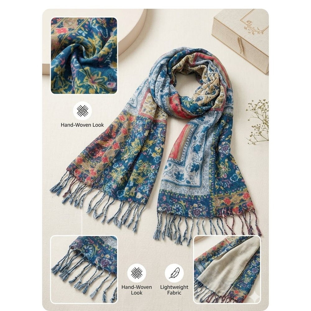 Boho Floral Patchwork Fringe Scarf Blue Red Lightweight Hand-Woven Look Wrap